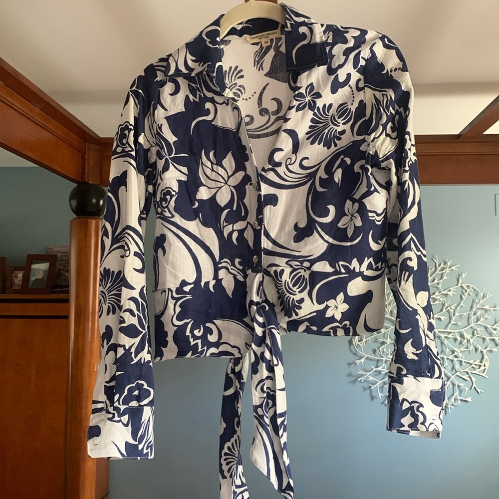 Linen blue and white front tie blouse